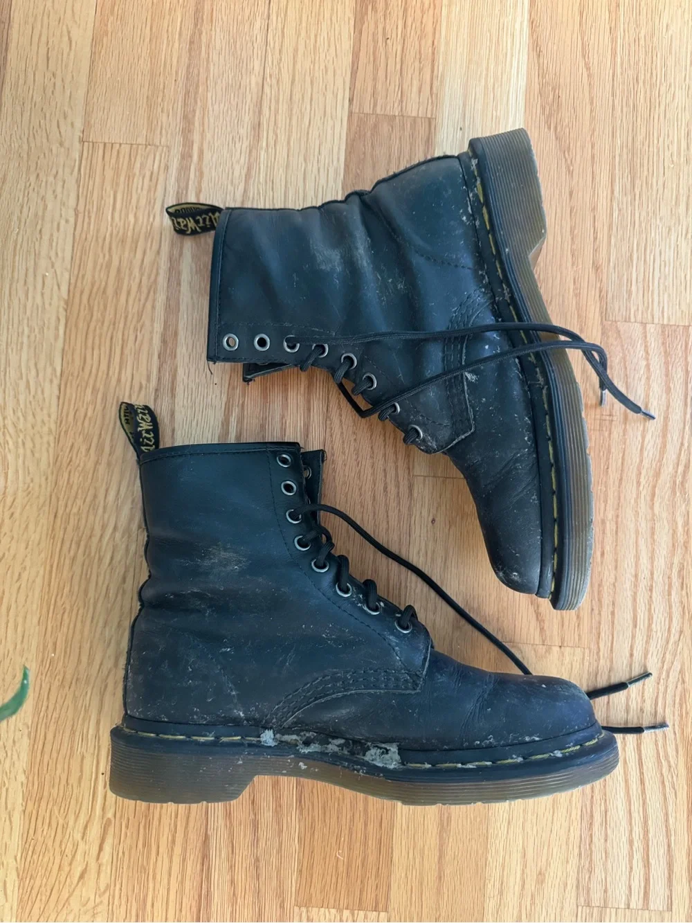 Dr. Martens Black Leather Lace-Up Boots with Yellow Stitching